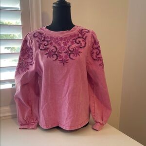 Fate Mineral Washed Pink Embroidered Top